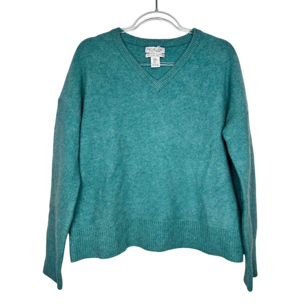 Rachel Zoe V-Neck Knit Sweater Size M Teal 100% 2-Ply Cashmere Cozy Boxy Preppy